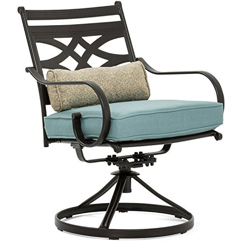 Hanover Montclair 7-Piece Outdoor Dining Set with 6 Swivel Rockers and Blue Cushions