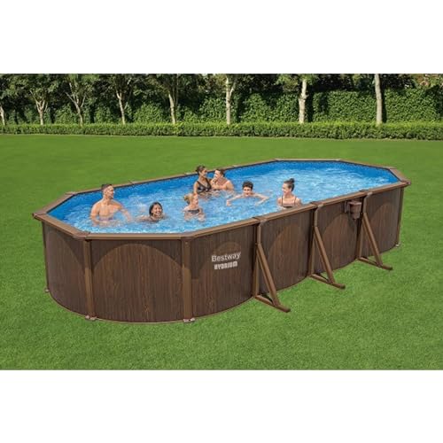 Bestway Hydrium 24' x 12' x 52" Oval Above Ground Swimming Pool Set Outdoor Steel Wall Family Pool with Sand Filter, Ladder, & Cover Brown