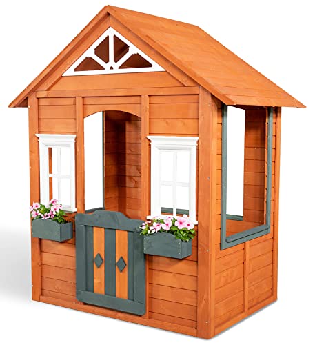 Sportspower Woodbridge Wooden Outdoor Playhouse with Flower Boxes Red