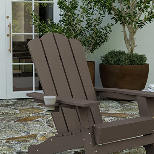 Merrick Lane Nassau Adirondack Chairs Set of 4 with Cup Holders Weather Resistant Brown