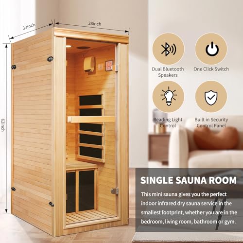 RIGO Infrared Sauna Room Indoor Canadian Hemlock 980W Low-EMF Single Person Spa Burlywood
