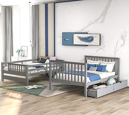 Harper & Bright Designs Full Over Full Bunk Bed with Storage Drawers and Stairway Grey