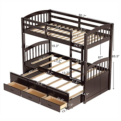 Merax Twin Over Twin Bunk Bed with Trundle & Drawers Espresso