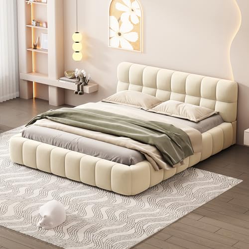 Jintop Queen Size Linen Upholstered Platform Bed Beige