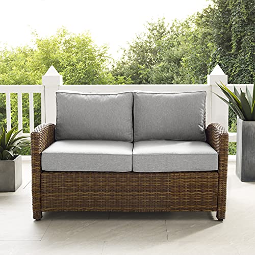 Crosley Furniture Bradenton Wicker Outdoor Loveseat Weathered Brown with Gray Cushions