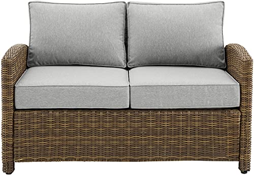 Crosley Furniture Bradenton Wicker Outdoor Loveseat Weathered Brown with Gray Cushions