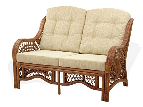 SunBear Furniture Lounge Malibu Loveseat Sofa ECO Natural Rattan Wicker Handmade Cream Cushions Cognac