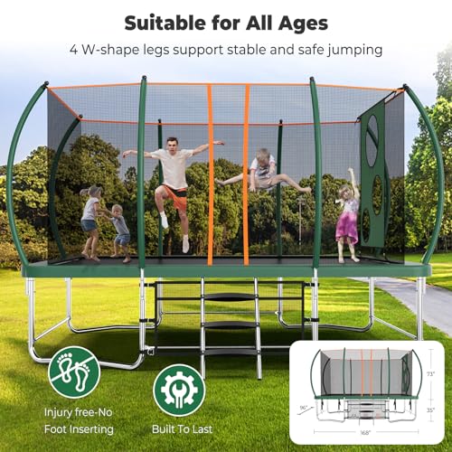 Lyromix 14FT Outdoor Rectangle Trampoline with Curved Poles, Light, Sprinkler & Soccer Set Field Green