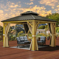 YITAHOME 10x10ft Hardtop Gazebo with Nettings & Curtains, Brown