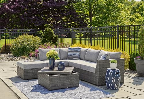 Signature Design by Ashley Petal Road Casual Weather Resistant Outdoor Loveseat Sectional Set with Ottoman, Table & 2 Throw Pillows Grey