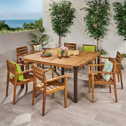 Christopher Knight Home Stockton Outdoor 8-Seater Acacia Wood Dining Set Teak + Rustic Metal