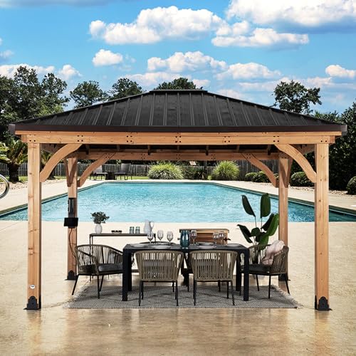 Backyard Discovery Barrington 14ft x 12ft Hip Roof Cedar Wood Gazebo Pavilion Light Brown