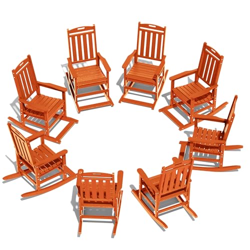 LOUNZY Outdoor Rocking Chair Set of 8 HDPE Patio Porch Rockers 380lbs Support Orange