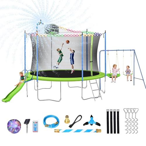 Lyromix 14FT Trampoline with Slide, Swings & Basketball Hoop, Green
