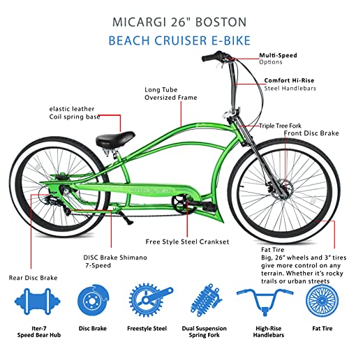 MICARGI Boston GT7 Fat Tire Beach Cruiser Bike 7-Speed Dual Suspension Green