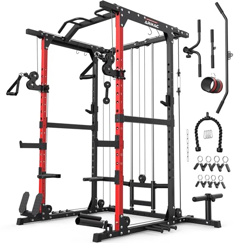 ARMAC 1500lbs Multi-Function Power Rack with Adjustable Cable Crossover Black+Red 01