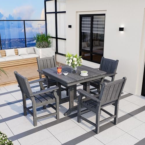 Pamapic 5 PCS Outdoor Dining Set HDPE Table and Chairs with Umbrella Hole Grey