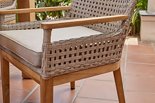 Winston August Teak & All-Weather Weave Patio Dining Chairs Set of 2 Natural Teak Wood Driftwood Grid Weave Sunbrella Cast Ash Fabric