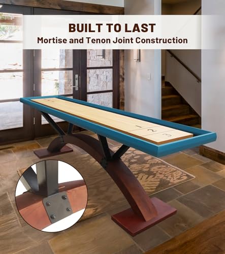 Beneouya Shuffleboard Table Curved Base Blue Top with 8 Pucks