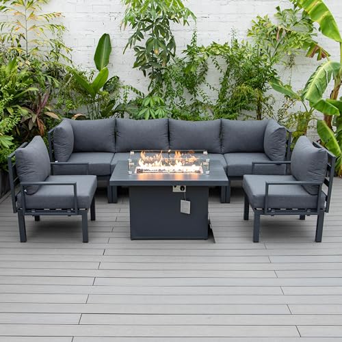 LeisureMod Chelsea Outdoor Patio 7-Piece Conversation Set with Fire Pit Table Black