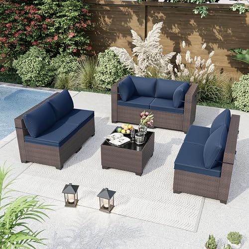 Kurapika 7-Piece Rattan Wicker Patio Furniture Set with Cushions and Glass Coffee Table Navy Blue