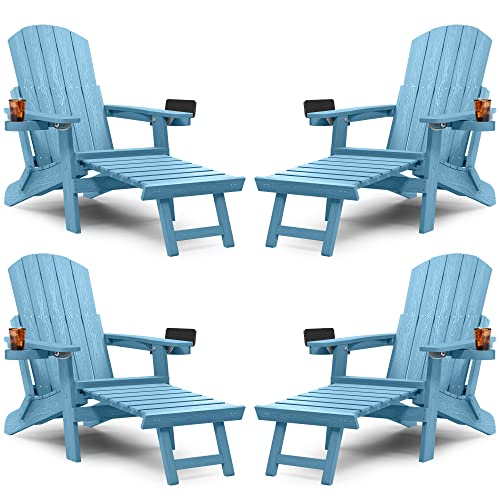 YEFU Adirondack Chair Set of 4 with Ottoman, Adjustable Backrest, Folding Outdoor Chairs, Weather Resistant, Blue