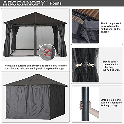ABCCANOPY Hardtop Patio Gazebo with Curtains and Netting Dark Gray