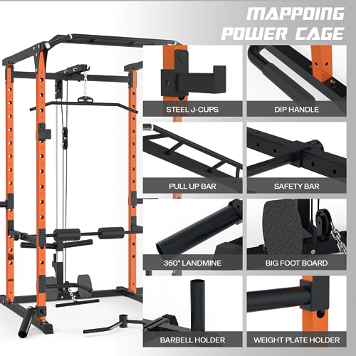 Mappding Power Cage with LAT Pulldown, Squat Rack, 1500 Lbs Capacity, Orange