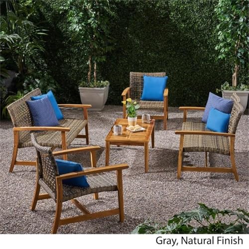 Noble House Hampton 5 Piece Outdoor Wood and Wicker Loveseat Set Grey