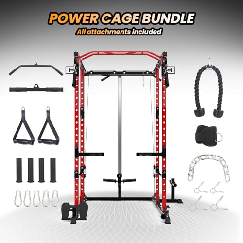 GOCAPTAIN Power Cage Multi-Functional Rack with Cable Cross-Over and Lat Pull Down Black/Red