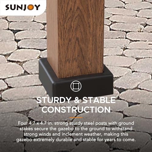 Sunjoy 12.5 x 12.5 ft. Hardtop Gazebo Brown Steel 2-Tier Outdoor with Ceiling Hook