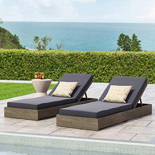 Christopher Knight Home Abraham Outdoor Acacia Wood Chaise Lounge with Cushion Set of 2 Gray Finish + Dark Gray