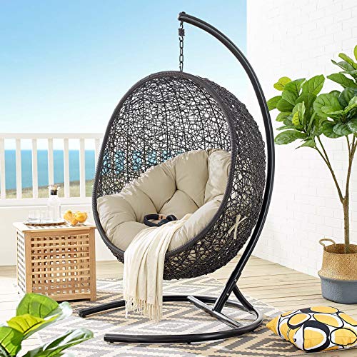 Modway Encase Wicker Rattan Outdoor Patio Swing Chair with Stand Black Beige