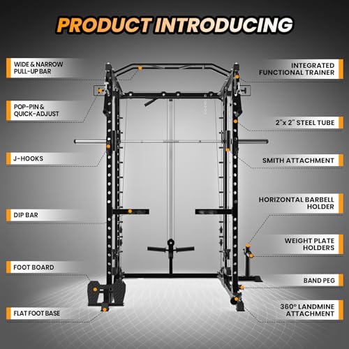 STMHOM Power Cage with Smithbar, 2000 Lbs Rack, Cable Crossover, LAT Pulldown, Black