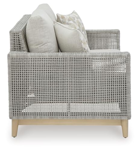 Signature Design by Ashley Seton Creek Cottage Weather Resistant Outdoor Loveseat with Cushion and 2 Throw Pillows Light Brown & Light Gray