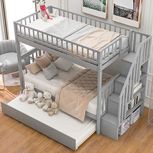 Merax Twin Over Twin Bunk Beds with Staircase and Trundle Grey