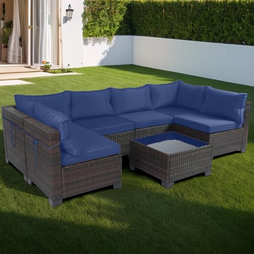 CHABATREE 7-Piece Rattan Outdoor Patio Furniture Set Dark Blue