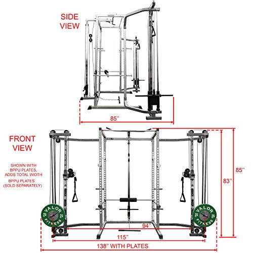 Valor Fitness Power Rack with LAT Pull & Cable Crossover Attachments - Full Body Workout - Plate Loaded Exercise Equipment