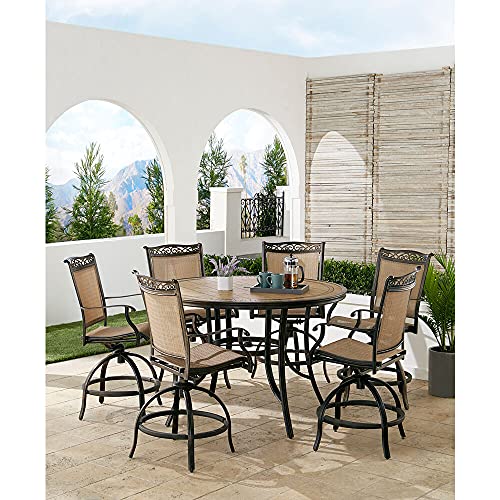 Hanover Fontana 7-Piece Outdoor High-Dining Patio Set with 6 Sling Swivel Chairs and Round Table, Tan/Bronze