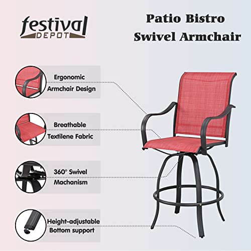 Festival Depot 9pcs Patio Dining Set Bar Height Swivel Bistro Chairs with Armrest and Tempered Glass Table Red