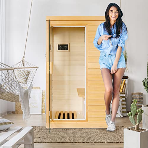OUTEXER Far Infrared Sauna Canadian Hemlock Wood Indoor 800W with Control Panel Wood Color