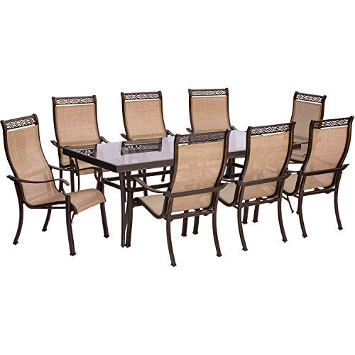 Hanover Monaco 9-Piece Outdoor Dining Set with Glass Table and 8 Chairs Tan