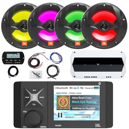 Enrock Marine 4" Color LCD Display Bluetooth AM/FM Stereo Receiver with Remote & 6.5" Speakers and Amplifier Kit Chrome