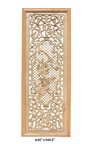Orientliving Chinese Rectangular Wood Flower Bird Carving Wall Panel Plaque Brown
