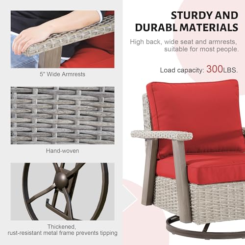 Yokayoay Wicker Patio Chairs Set of 2 Outdoor Swivel Rocking Chairs Grey/Red