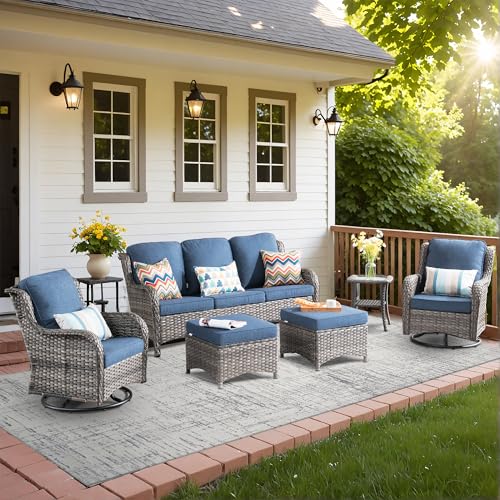 XIZZI 6-Piece Patio Furniture Set with Swivel Rocking Chairs, All Weather Wicker, Grey Rattan Denim Blue