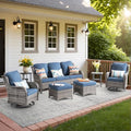 XIZZI 6-Piece Patio Furniture Set with Swivel Rocking Chairs, All Weather Wicker, Grey Rattan Denim Blue