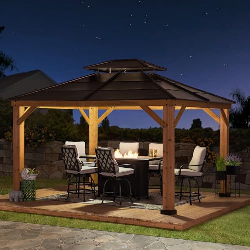 Sunjoy Hardtop Gazebo 11' x 13' Cedar Frame with Brown Steel Roof