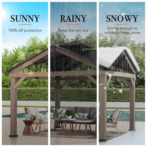 Sunjoy 12x12 ft. Hardtop Gazebo Wooden Frame Outdoor with Ceiling Hook Brown