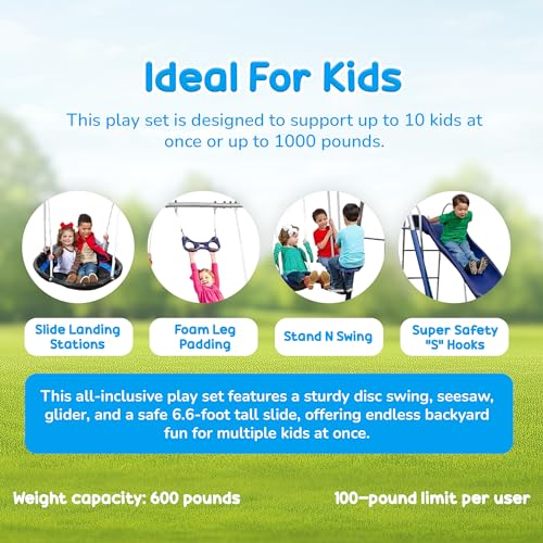 XDP RECREATION Metal A-Frame Kids Swing Set 10-Child Capacity with Slide & 5 Swing Types Silver/Blue